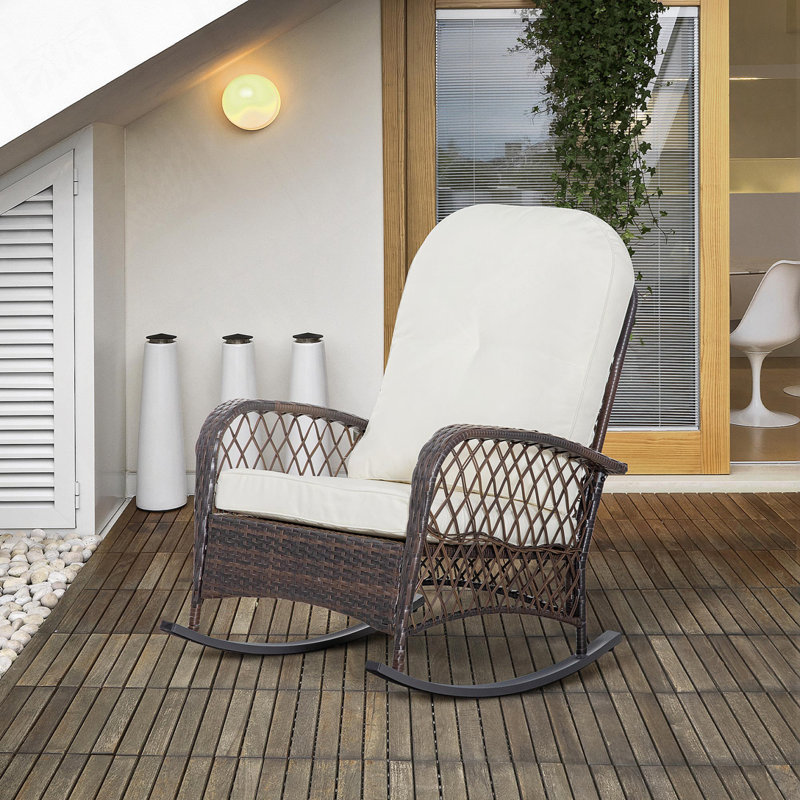 Chaise berçante d'extérieur en osier et rotin, Blanc, crème