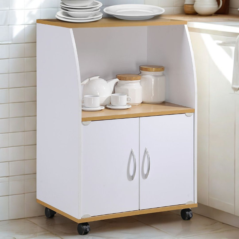 Rolling Compact Kitchen Cart with  Microwave Shelf, Utensil Drawer, Interior Cabinet Storage Space and Locking Wheels, White