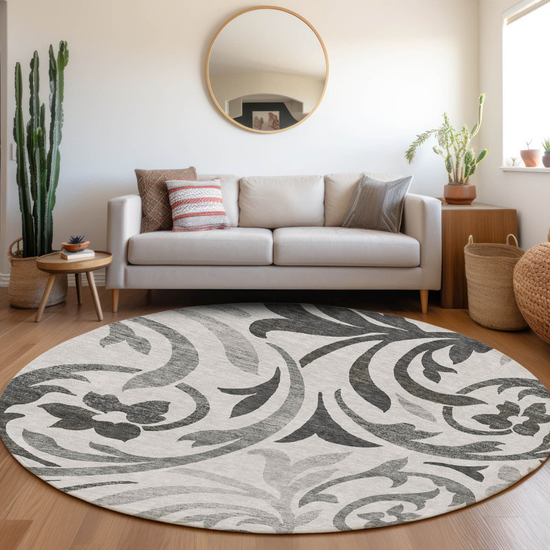 Tapis gris en polyester tissé à la machine Fritch, Rond 8 pi