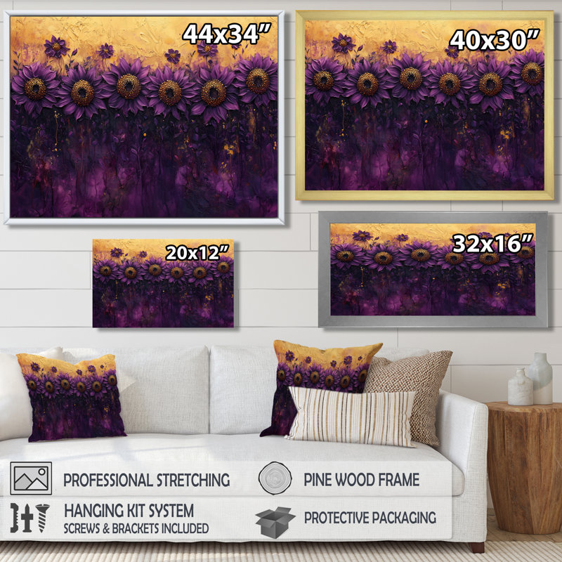 Champ de tournesols lilas foncé - art mural tournesols pour le salon, Argent argent, Impression encadrée flottante