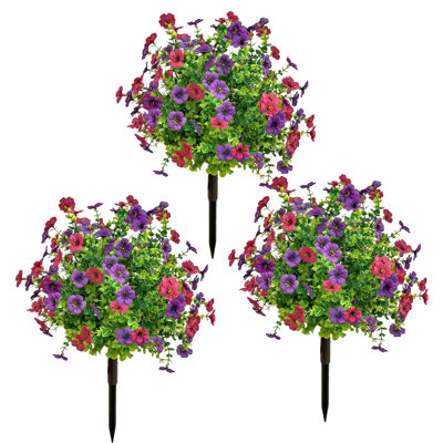 3pcs Artificial Flowers with Ground Spikes, 23in Height Faux Greenery Shrubs for Outdoor Christmas and Thanksgiving Decor, Farmhouse Garden Patio Porch Wedding Party Decoration