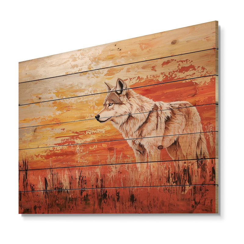 Loup au coucher du soleil dans le désert - Art mural moderne en bois sur bois de pin naturel, H 24 po x l 32 po
