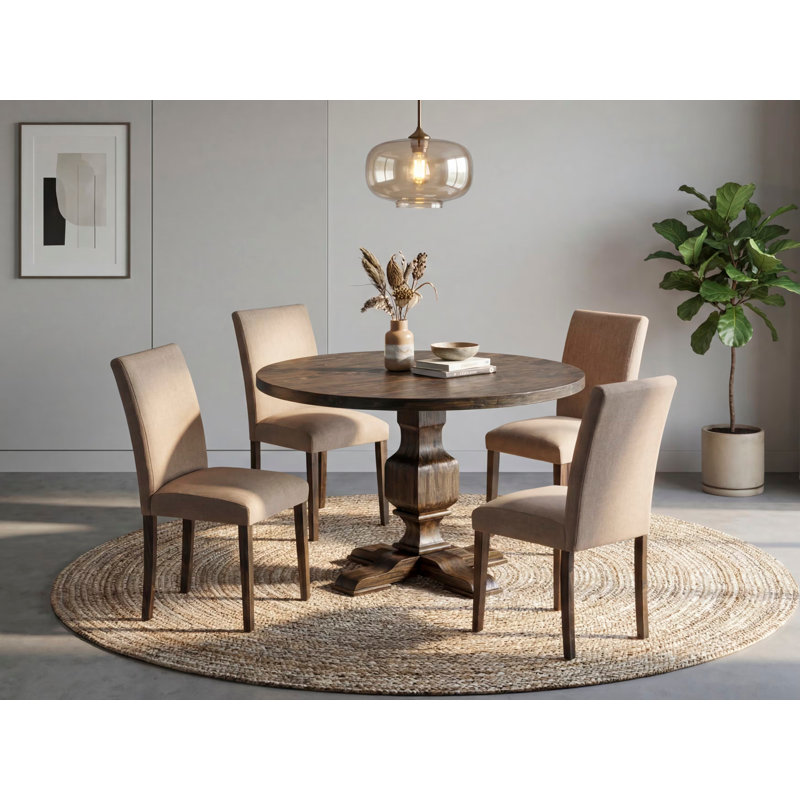 5 Piece Dining Table Set for 4 Includes a Round Kitchen Table with Pedestal and 4 Light Sable Linen Fabric Parsons Dining Chairs, Distressed Jacobean