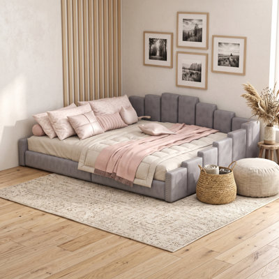 Queen Upholstered Daybed with Nailhead Trim and Sturdy Slats