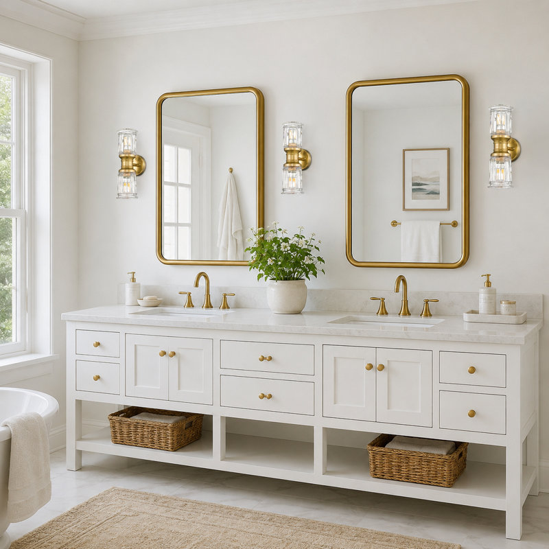 Appliques murales de style campagnard avec abat-jour en verre transparent en forme de cloche, laiton brossé, Brushed Brass
