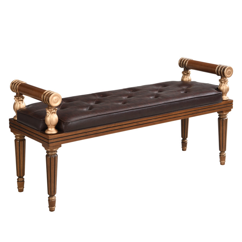 Valmont Mid-Century Modern PU Leather Button-Tufted Upholstered Bench with Gold-Accent Legs, Brown
