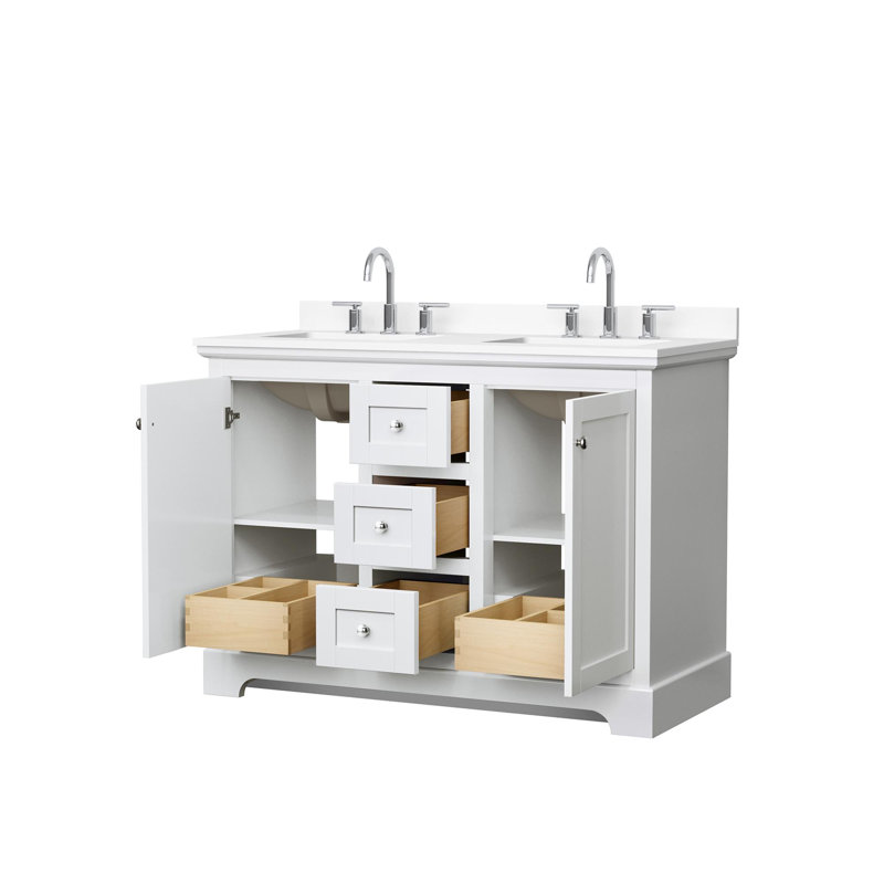 Avery 48 Inch Double Bathroom Vanity in Dark Blue, White Cultured Marble Countertop, Undermount Square Sinks (3-Hole), Brushed Gold Trim