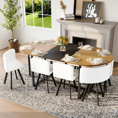 9-Piece Oval Dining Table Set, Fixed Two-Tone Wood Grain & Black Wood Grain Triamine Tabletop with 8 White PU Leather Chairs, Modern Kitchen Table Set for 8 People, Ideal for Family Gatherings