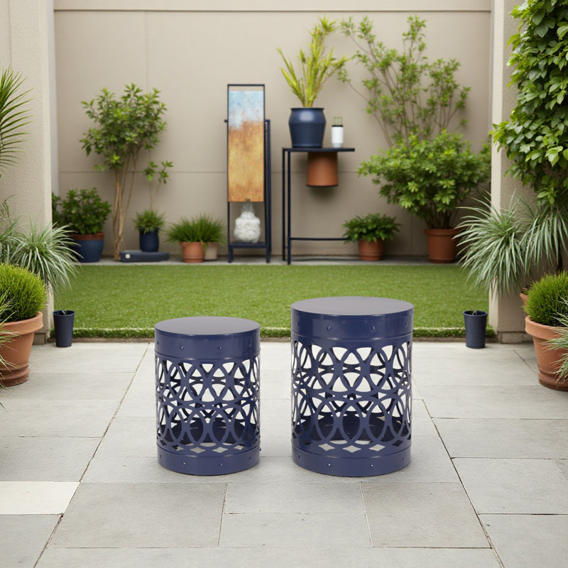 Outdoor Metal S/2 End Table, Blue