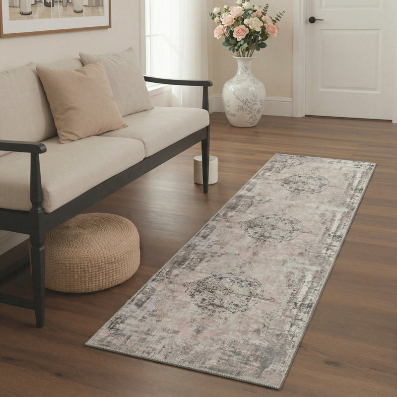 Combs Modern Abstract Distressed Medallion Machine Washable Grey / Pink Indoor Area Rug with Non-Slip Backing, Runner 2' x 6'