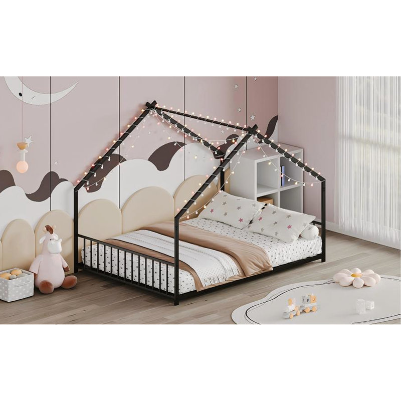 Structure de lit double en fer noir, forme de toit avec lumières à DEL, 78,5 po x 55,9 po, 58,4 po, charge de 350 lb, cadre facile à assembler et éclairage quatre couleurs équipé, H 58,4 po de largeur, capacité, coffre-fort
