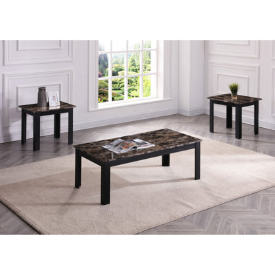 3 tables: attrait élégant, table basse rectangulaire, tables de bout carrées, faux marbre, finition brune, approche d'assemblage sans effort, plateau en marbre et 3 pièces, pieds en bois faciles à installer