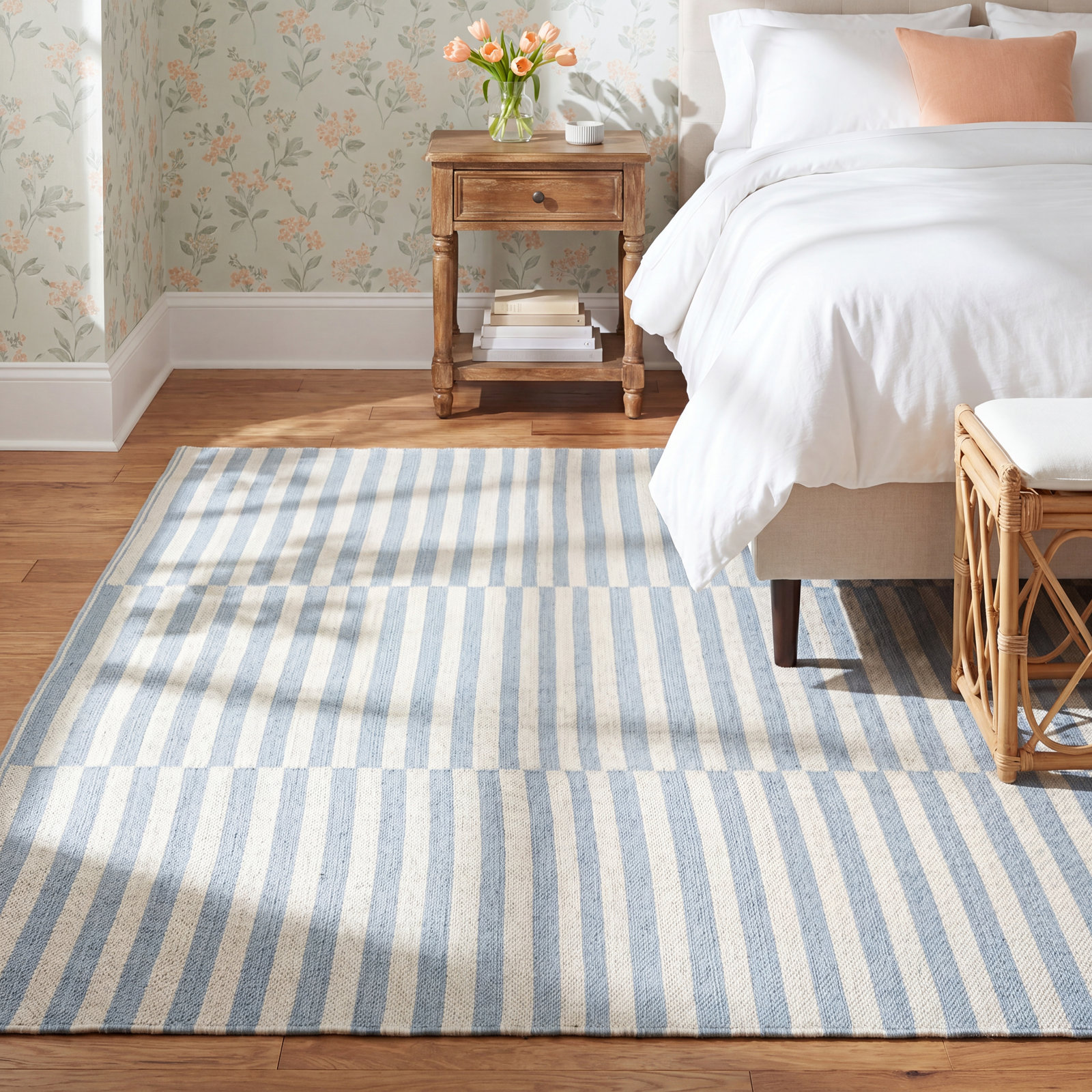 Ilona Ivory Light Blue Striped Cotton Rug, Rectangle 4' x 6'