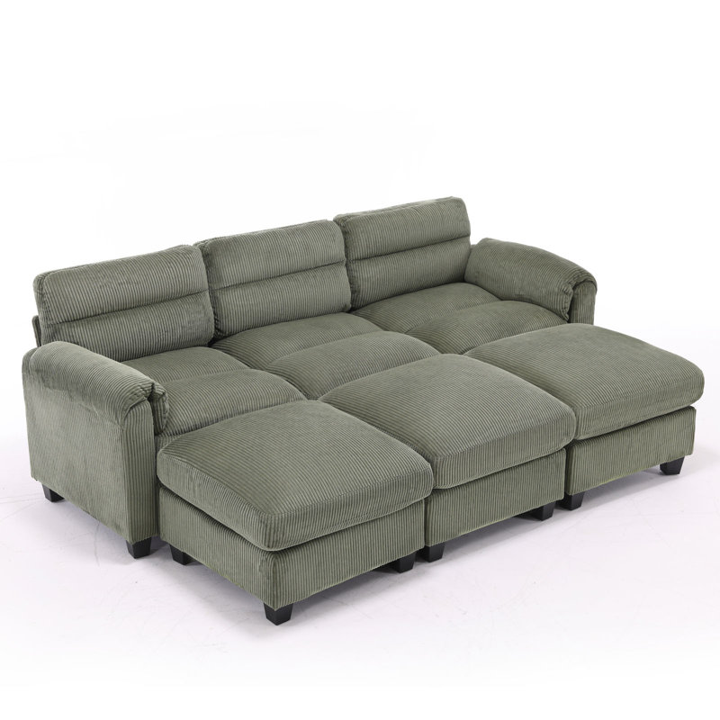 Efaz 6-Piece Corduroy Upholstered Modular Sectional, 2 Ottomans, Sleeper Sofa, Green Corduroy