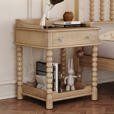 Table de chevet de style rétro avec tiroir et tablette ouverte pour chambre à coucher, table de chevet avec pieds tournés et poignée en métal