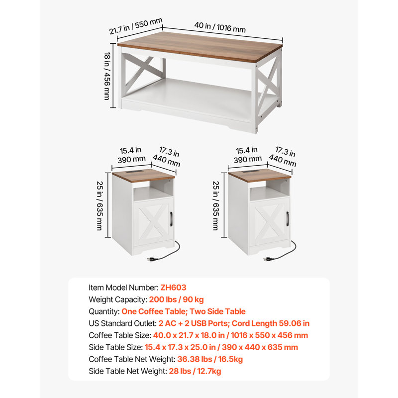 Ensemble de 3 tables basses style ferme, table basse industrielle de 102 cm avec 2 tables d'appoint, montage facile, station de recharge incluse, idéal pour le salon, l'appartement ou le bureau.