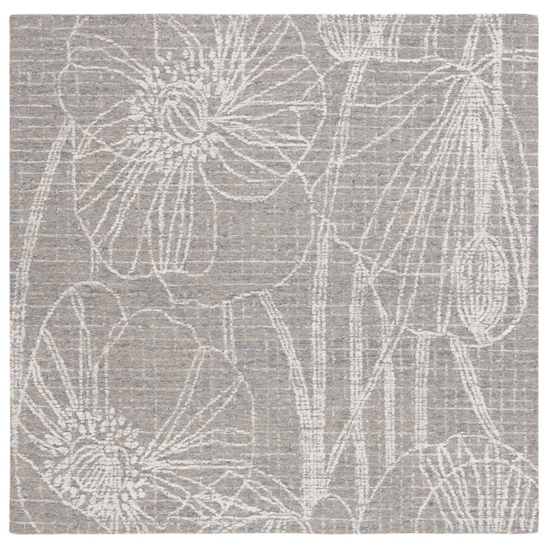 Hayan Hand Tufted Wool/Cotton Floral Rug in Beige/Ivory, Square 6'