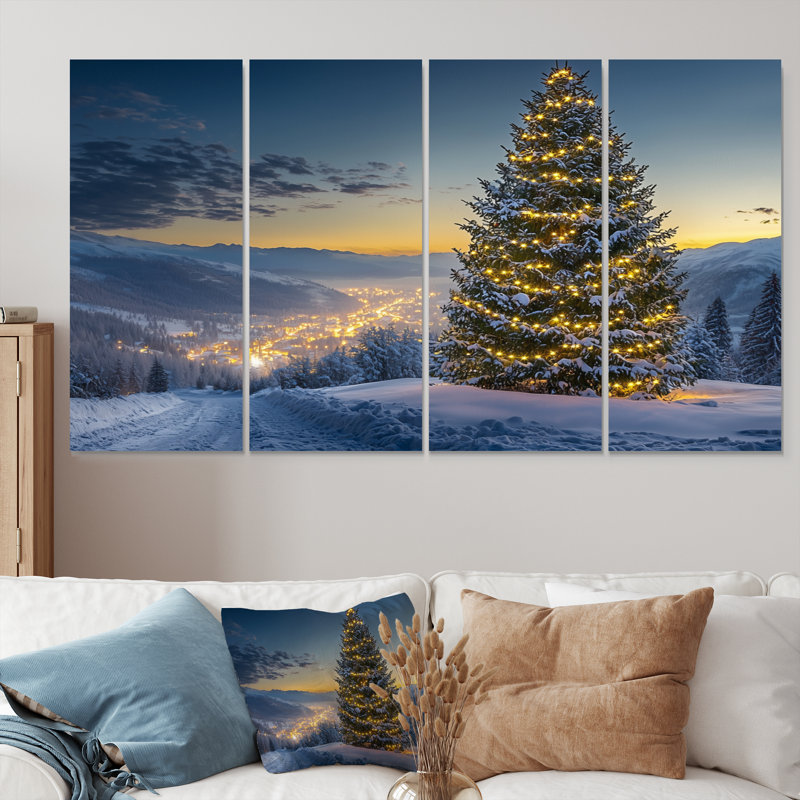 «Blue Green Christmas Tree Glow», ensemble d'art mural sur toile de Noël, H 28 po x l 48 po