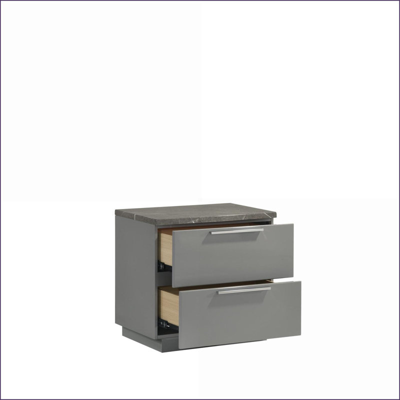 Table de chevet moderne Elara Grey - deux tons très brillants avec tiroirs en velours rouge Pieds en métal