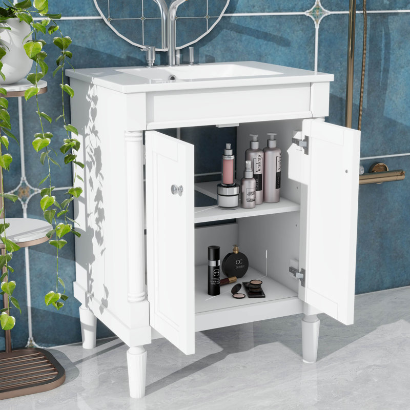 Meuble-lavabo de salle de bain chic 24 po avec évier sur-comptoir et armoire de rangement à deux niveaux de style contemporain