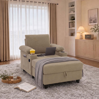 Ensemble de fauteuil d'appoint convertible avec repose-pieds, dossier inclinable, porte-gobelets et ports USB