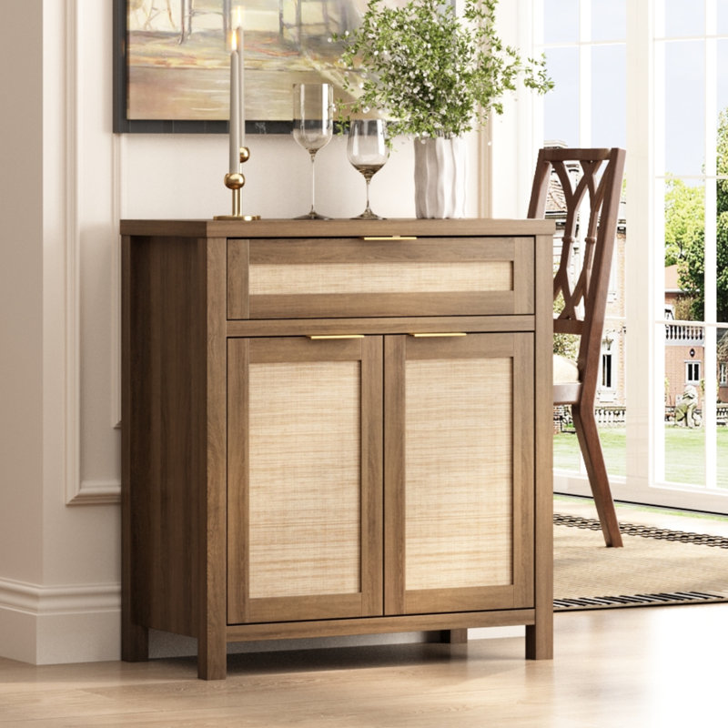 Ciauna 34'' Rattan Sideboard Accent Cabinet with 1 Storage Drawer Adjustable Shelf, Medium Wood