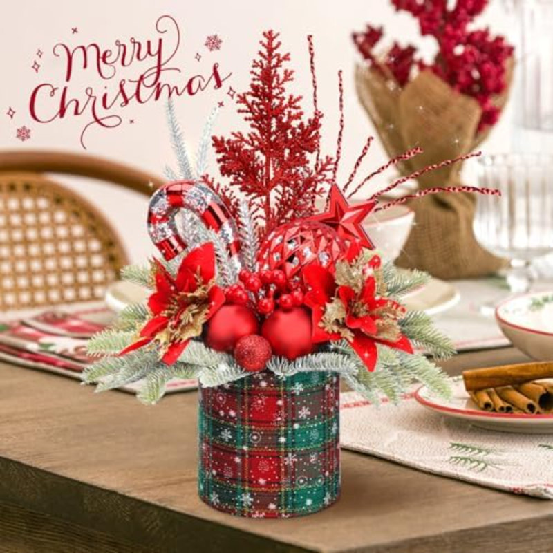 Petit sapin de Noël artificiel de table avec mini décorations de Noël avec ornements des fêtes, baies rouges, pomme de pin, verdure pour la maison, manteau de cheminée, décor de Noël (grand-rond-rouge)