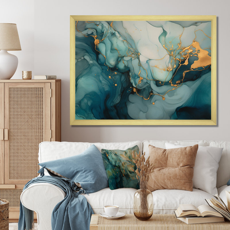 Turquoise doré infusé marbre I, reproduction d'art sur toile, H 30 po x l 40 po x P 1,5 po, Cadre doré à une seule photo