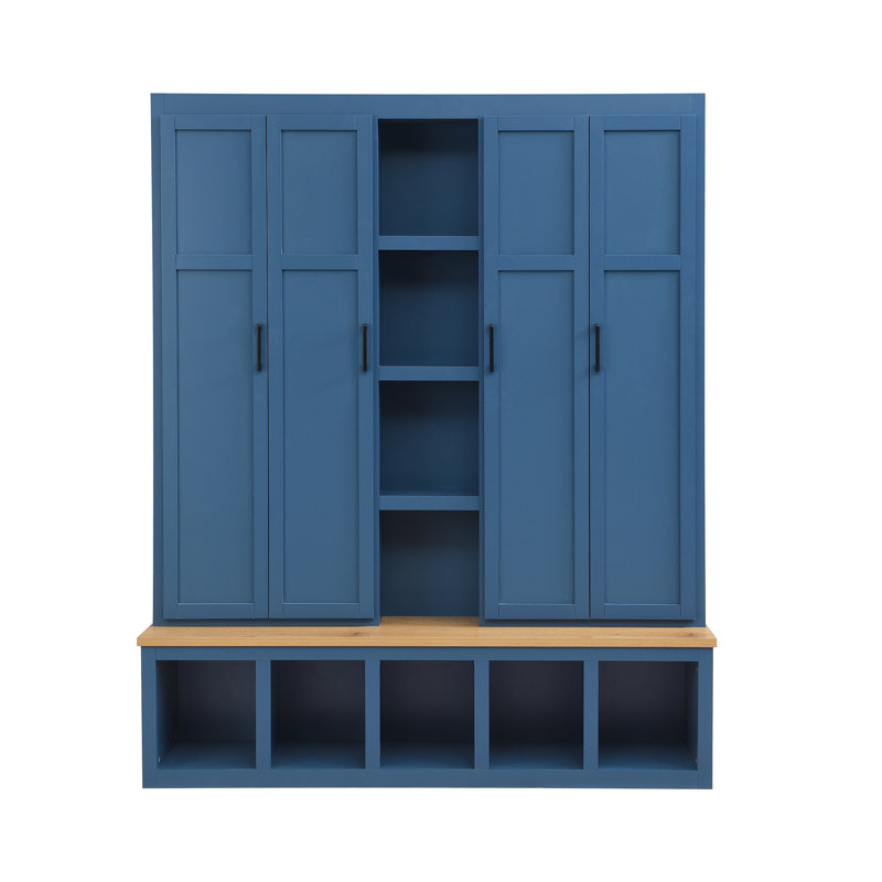 James 62.9" Farmhouse 4-in-1 Hall Tree with Shoe Bench & Hooks, Blue