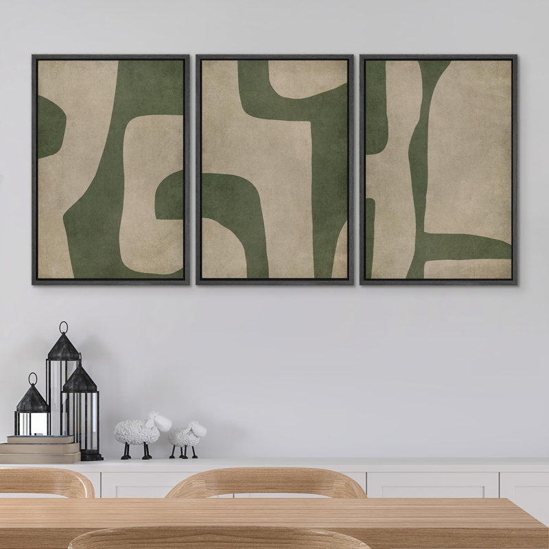 "Abstrait géométrique vert et beige, illustrations, art moderne, décor boho relax zen nordique" - 3 pièces, Noir