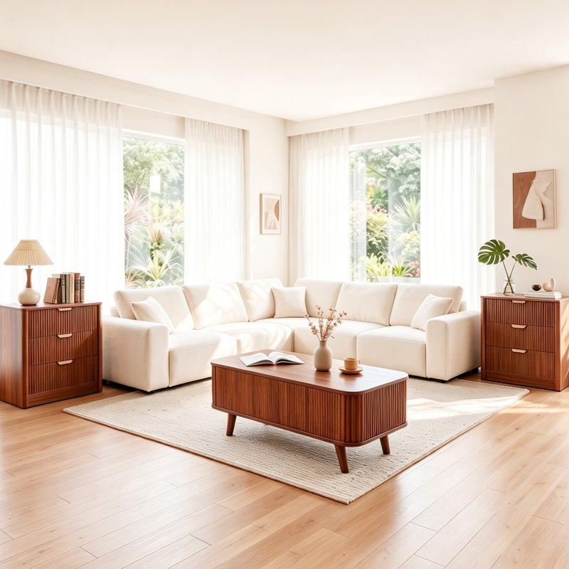 Table basse ovale Betty 100 cm (39,37 po) à plateau relevable cannelé avec rangement, en bois de noyer, avec 3 compartiments cachés, idéale pour le salon ou le bureau.