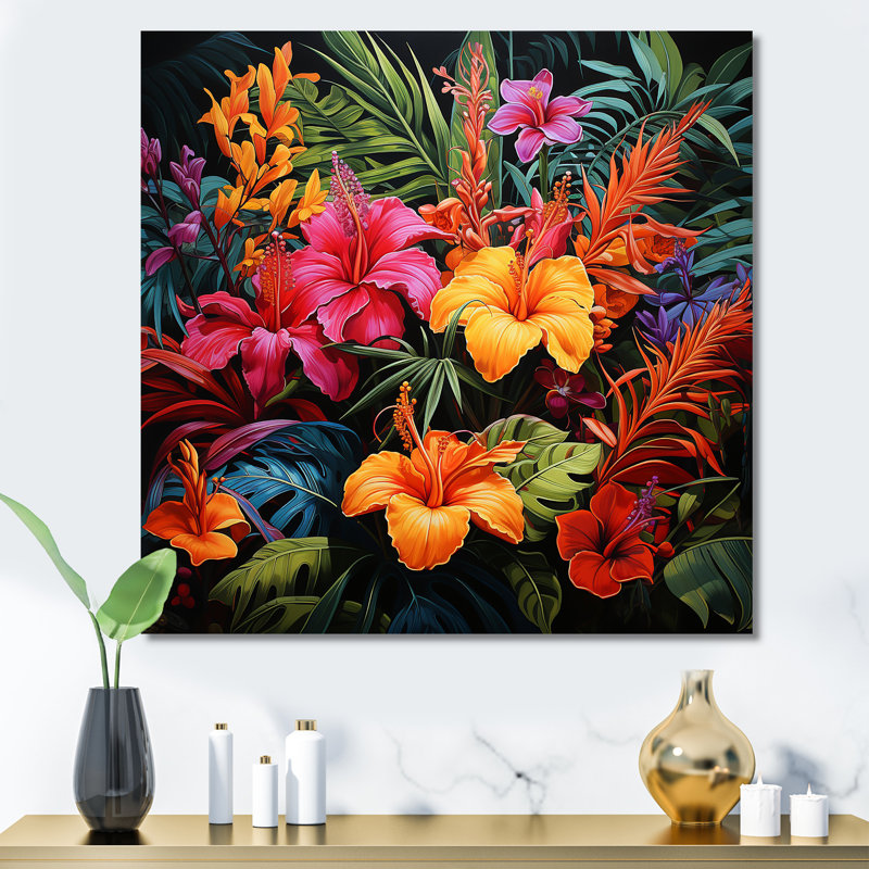 «Colorful Jungle Plants Dream» - art mural jungle, Toile tendue, H 16 po x l 16 po