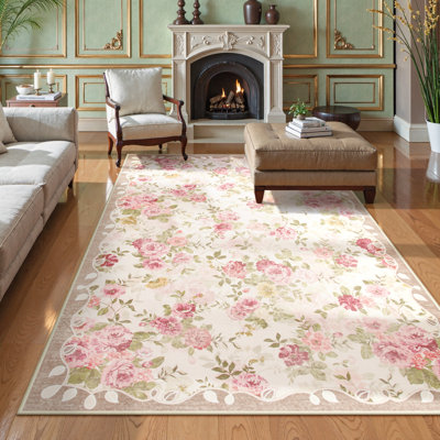 Tapis vintage à motif floral lavable à la machine avec envers antidérapant