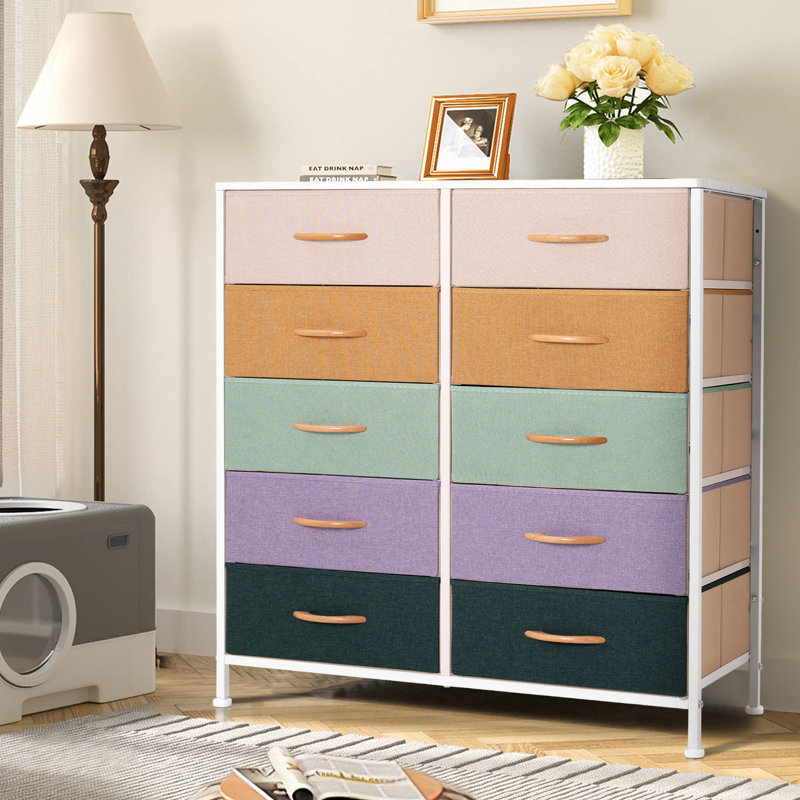 Commode 10 tiroirs Wendelyn, Jaune / vert / mauve / brun