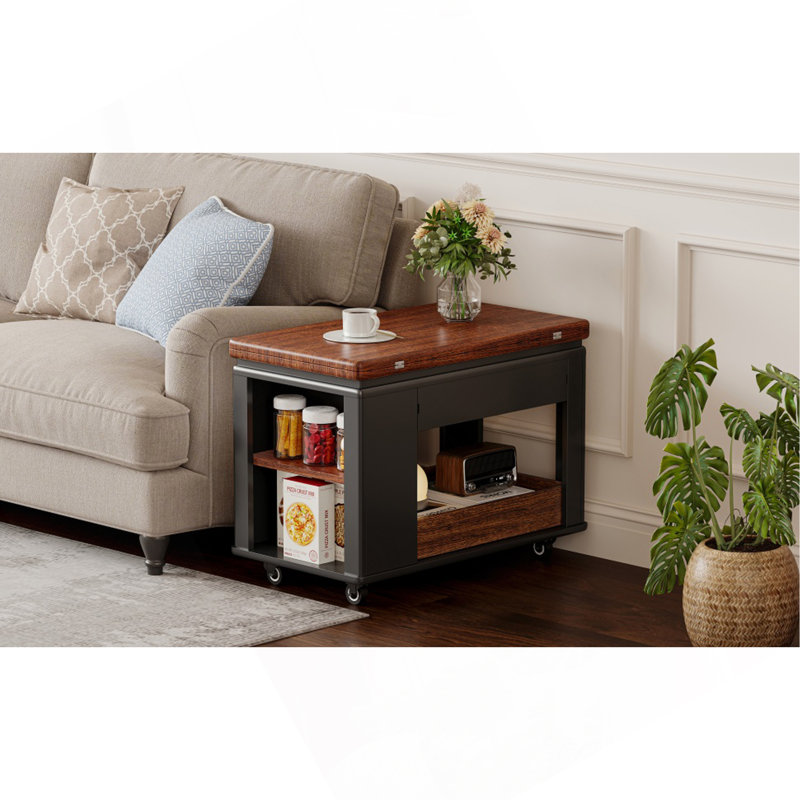 Table basse / table d'appoint moderne 27,6 po avec plateau pliable et roulettes, rangement à plusieurs niveaux, Noir