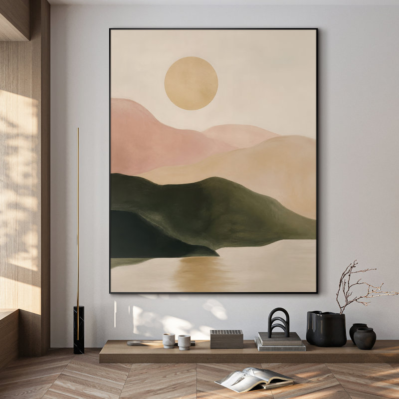 Très grande reproduction d'art sur toile - Paysage abstrait serein avec des collines de rosé et un soleil doré pour le salon ou la chambre à coucher - «Assemblage requis du cadre (cadre non fini)»