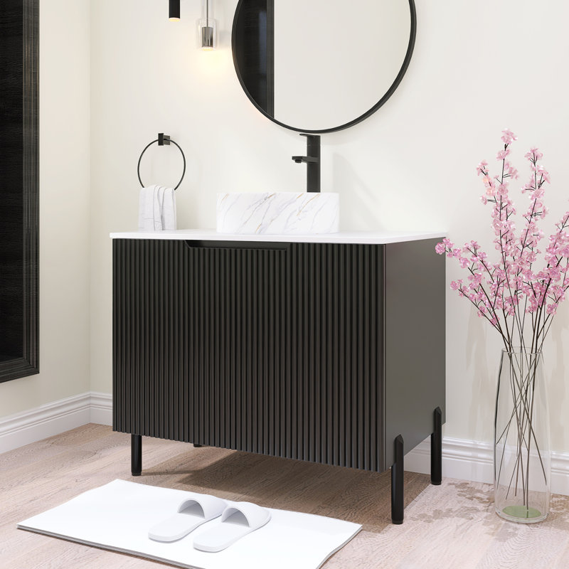 30 po Ensemble de meuble-lavabo simple sur pied Largeur avec lavabo vasque en céramique et comptoir blanc Carrara, Noir