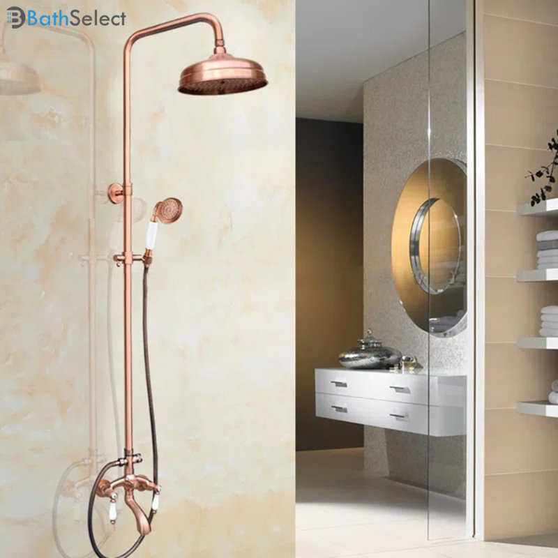 Wall Mounted 8" Rainfall Faucet Shower Head Set with Handheld Sprayer and Tub Spout in Rose Gold Finish