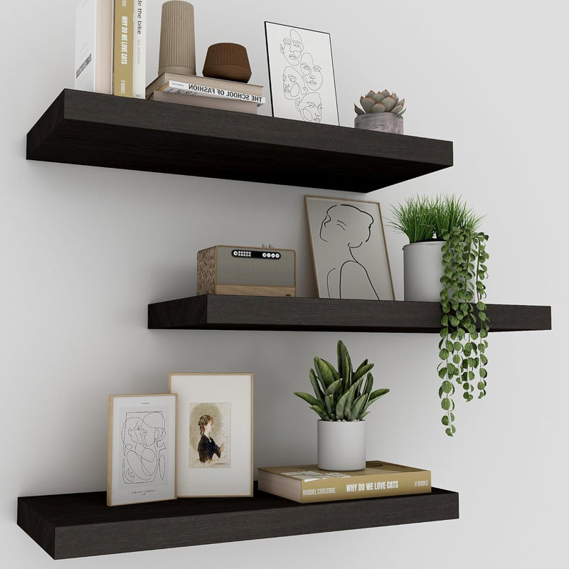 Kaster 3 Piece Wood Floating Shelf 16" Rustic Natural Wood Wall Shelves for Home Decor Frame Display Wall Mounted Floating Shelf