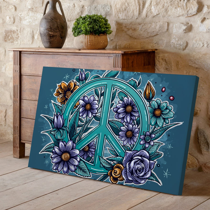 La toile crée une illustration colorée vibrante mettant en vedette un grand symbole d'art de la paix stylisé au centre entouré d'un tableau d'art sur toile