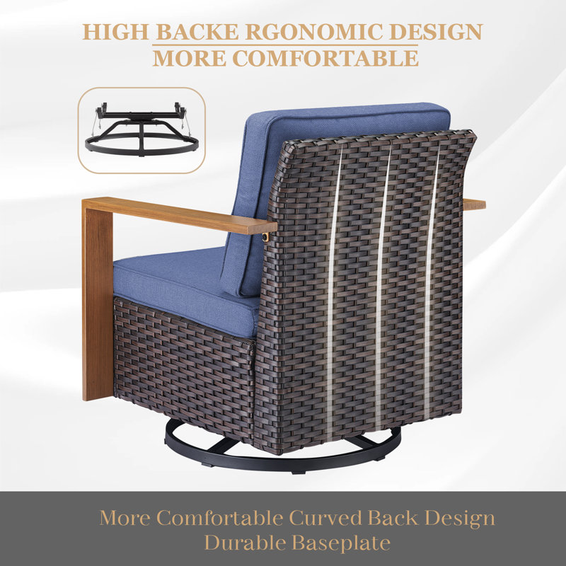 Fauteuils coulissants pivotants 4 pièces avec coussins et accoudoirs uniques en bois Drazen, Brun/bleu