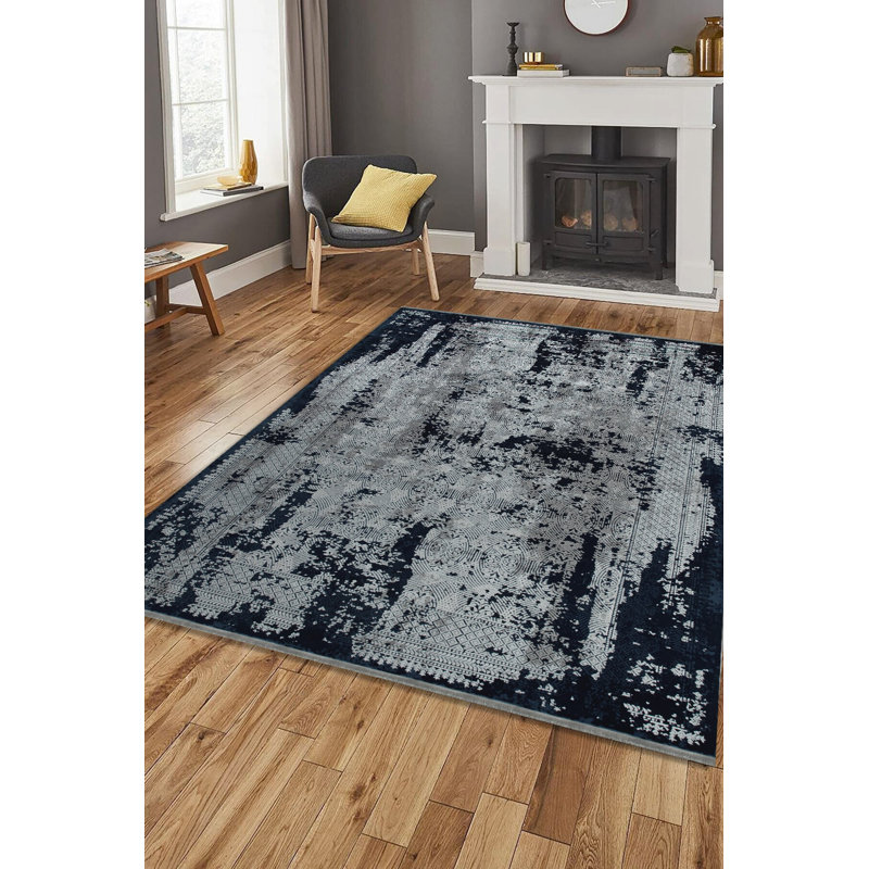 Tapis rectangulaire en viscose tissé à la machine en bleu / gris, Rectangle 6 pi 7 po x 9 pi 6 po