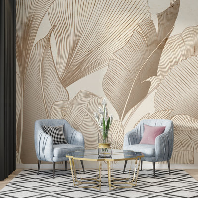 Gold Line Art Palm Leaf Wall Mural | Large Beige Botanical Wallpaper | Non-Woven or Peel and Stick