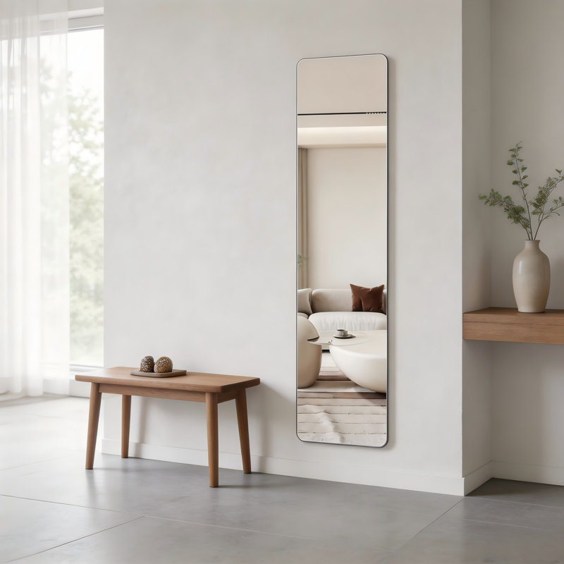 Miroir mural sans cadre, arrondi, pleine longueur, 56 x 15 pouces, verre argenté haute définition de 5 mm, dos de sécurité, trois options d'installation