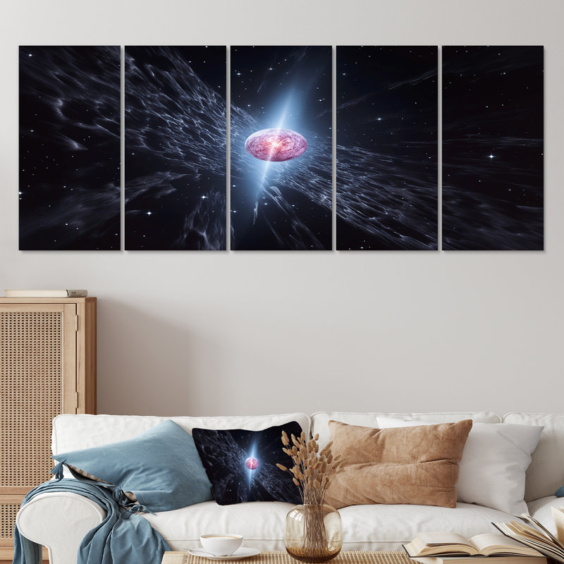 Planète rose en orbite dans l'espace lointain - art mural 5 pièces, H 32 po x l 80 po