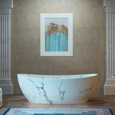 69" Marble-Pattern Stone Resin Freestanding Soaking Tub, Modern Oval Solid Surface Bathtub with Integrated Slotted Overflow & Drain, Matte Finish