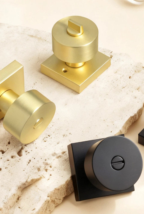 Modern round door knobs with square rosettes in brushed brass and matte black finishes resting on a textured stone surface.