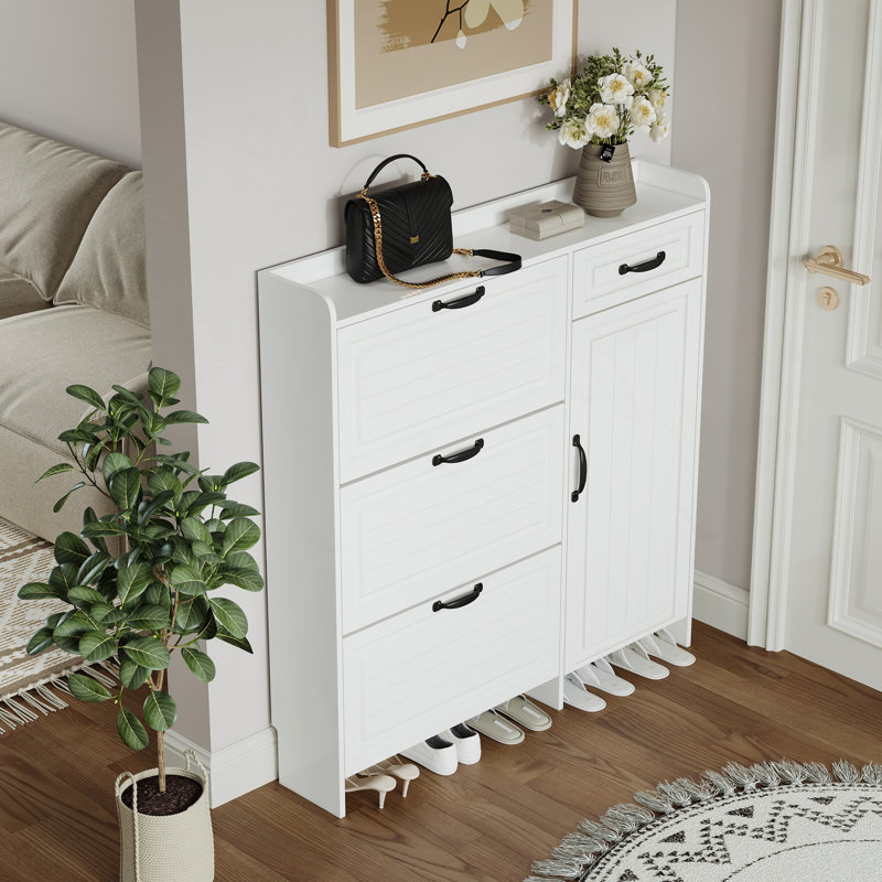White Color Shoe Cabinet  With 4 Doors 1 Drawers,Large Space For Storage