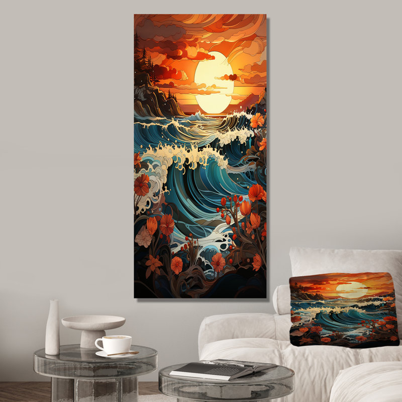 Orange orange, vagues japonaises au coucher du soleil - art mural coucher de soleil côtier, Cadre flottant blanc