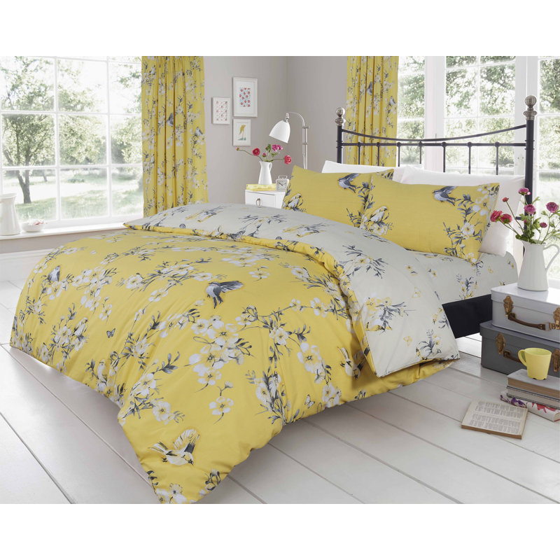 Birdie Blossom Duvet Cover and Pillowcases Set, Polycotton, Machine Washable, Soft Yarn Bedding, King, Ochre